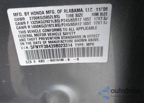 2009 Honda Pilot Ex from USA, damaged, VIN 5FNYF38439B023314